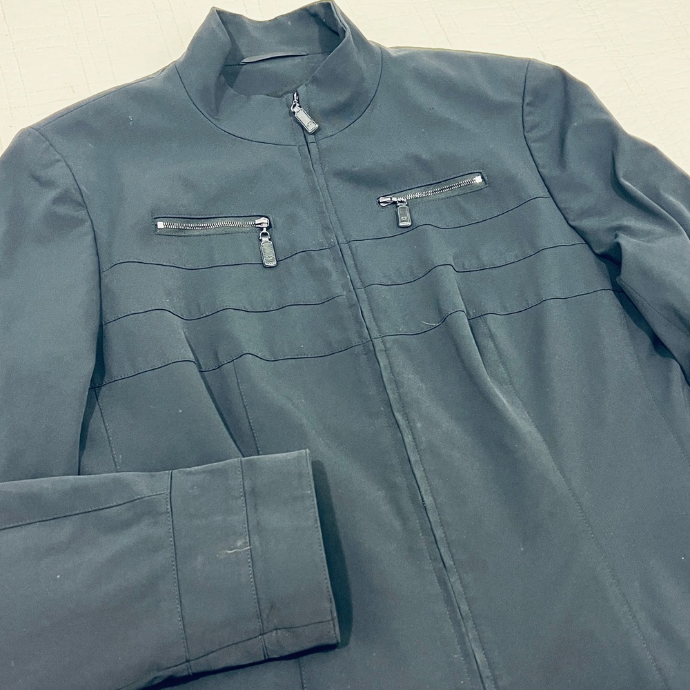 Escada Black Zip Front Mock Neck Moto Jacket Size 44 Stretch Nylon